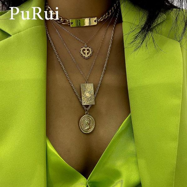 

purui punk vintage chain choker necklace multi layered hip hop personalized statement pendant collar necklace women jewelry, Silver