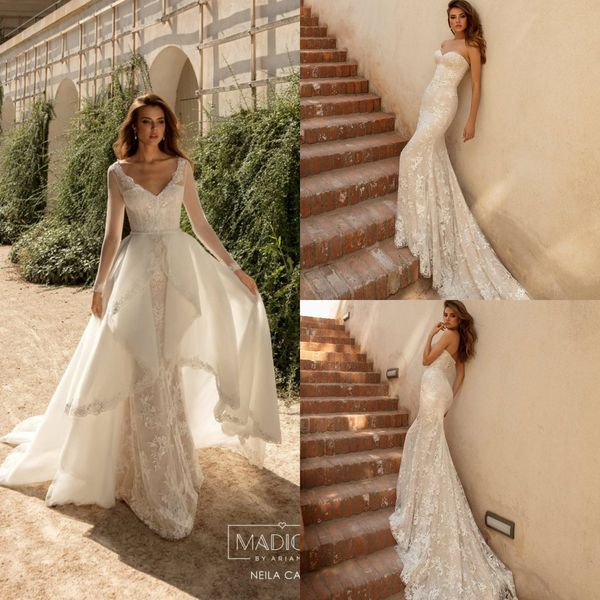 

2020 two pieces wedding dresses with detachable skirt long jacket sweep train v neck overskirt wedding dress customize robes de mariÃ©e, White