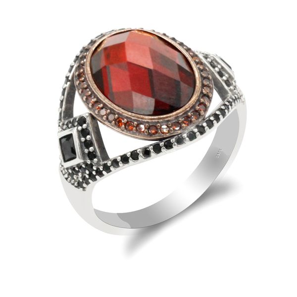 

metalmadman 925 sterling silver ring for men big red cz stone finger ring punk vintage style turkish fine jewelry party, Golden;silver