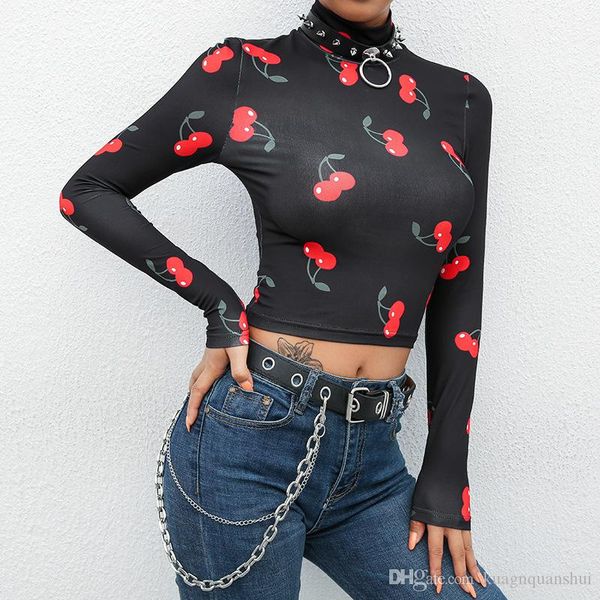 

весна и осень новая футболка женщины симпатичные вишневые девушки короткие футболки с длинными рукавами топ был тонкий дамы нижняя рубашка, White