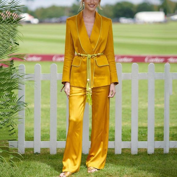 

fancy yellow suits for women belt tunic fringed dress long sleeved blazer high waist pants - maxi autumn 2019 elegant, White