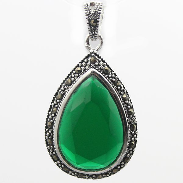 

fashion 40*20faceted green 925 sterling silver marcasite waterdrop pendant