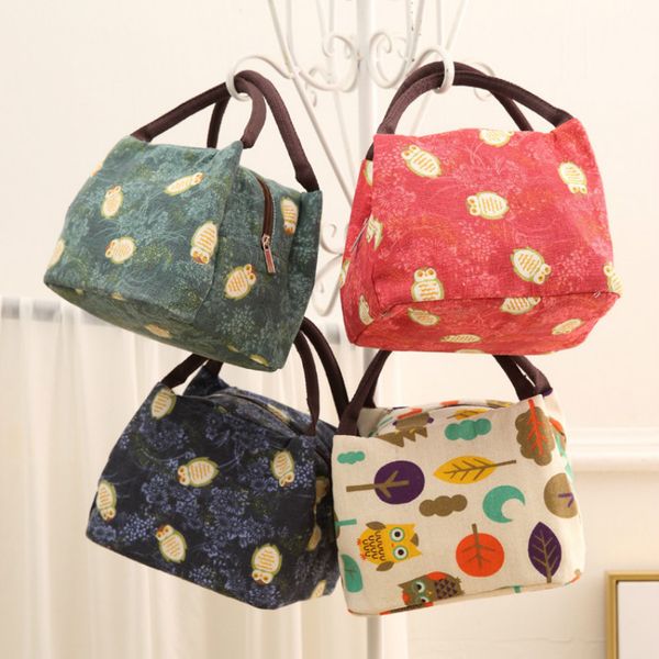 

lunch bag thermal insulated lunch box tote cooler bag picnic cotton linen handbag pouch, Blue;pink
