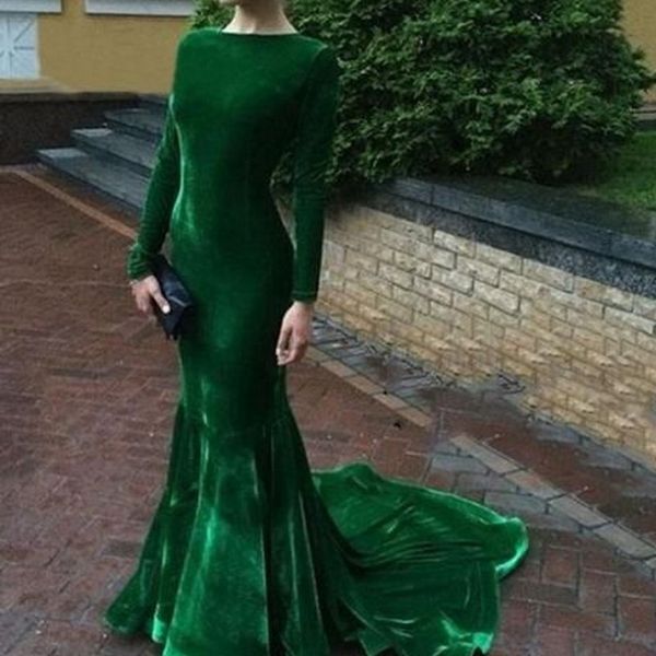 

long mermaid prom long sleeves evening green dresses robe de soiree, Black