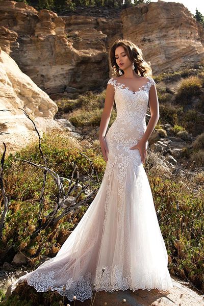 

elegant lace mermaid wedding dresses 2020 sheer cap sleeves lace applique sweep train wedding bridal gowns vestidos de novia, White