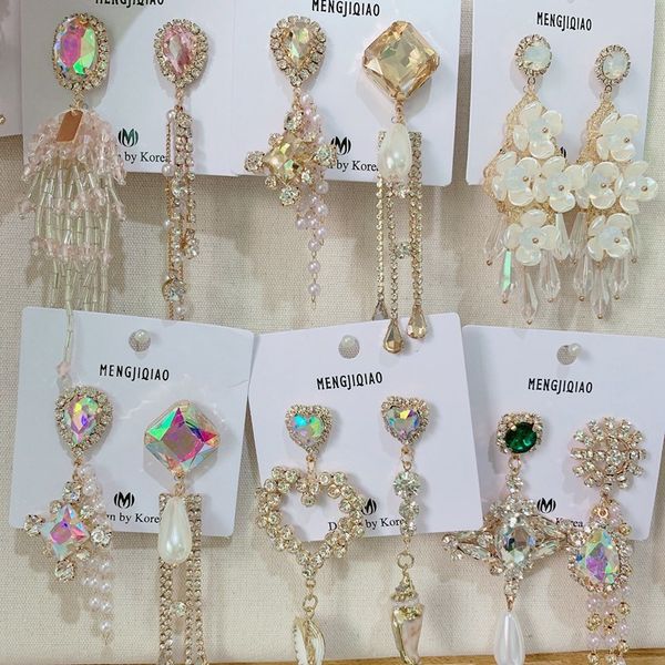 

mengjiqiao korean new arrival rhinestone flower pearl tassel drop earrings for women shiny heart crystal vintage brincos jewelry, Silver