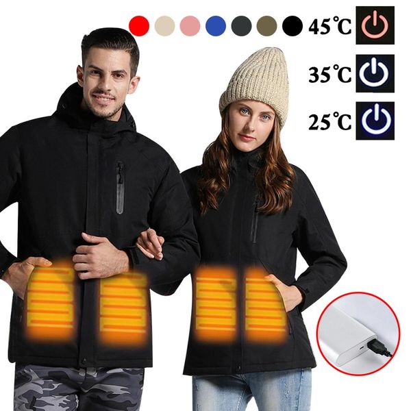 

4 layers 3 speed temperature adjustment electric battery usb heating jacket wind resistant waterproof breathable cotton jacket, Blue;black