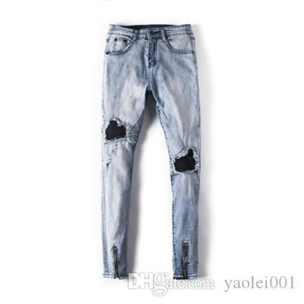 

fashion mens designer jeans straight slim riding pants distressed tight fitting worn out hip hop trousers, Blue