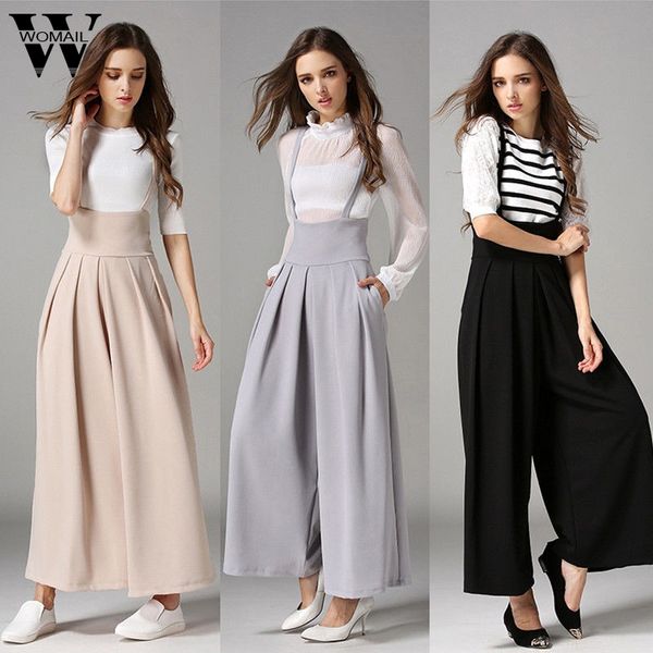 

womail bodysuit women summer casual pleated high waisted wide leg palazzo suspenders trousers fashion new 2019 dropship m1, Black;white