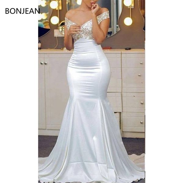 

2019 mermaid african prom dress lace appliques sequins long elastic silk like satin off shoulder v neck sheath evening gown, White;black