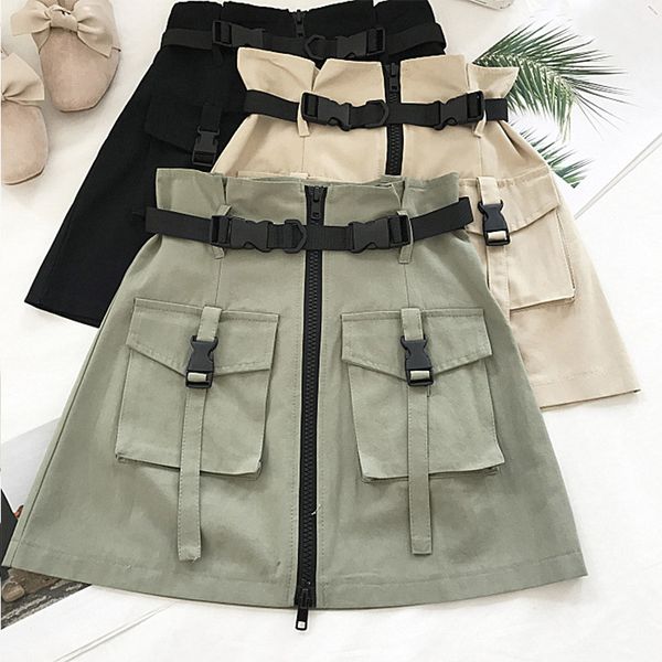 

skirts a line zipper women mini cargo pockets sashes bodycon solid ladies short skirt 2021 summer black khaki bottom female