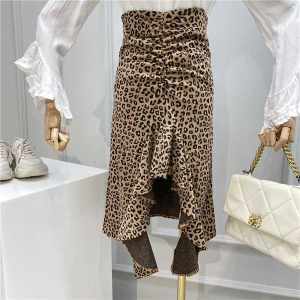 

leopord skirt women 2020 spring and summer new fashion irregular flounced wrinkle skirt ladies high waist medium-length skirts, Black