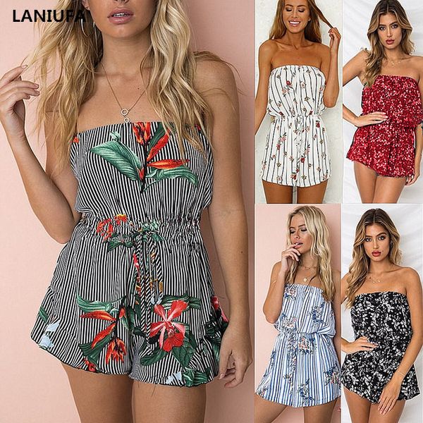 

summer casual beach jumpsuit women rompers slim bodysuit boho style floral print sleeveless catsuit playsuit women jumpsuit, Black;white