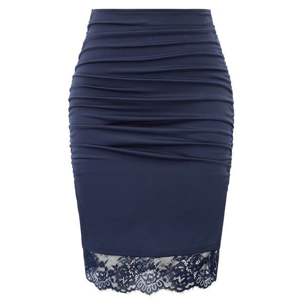 

women lace hem pencil skirt ruched elastic waist hips-wrapped bodycon skirts elegant retro slim business party office skirt, Black