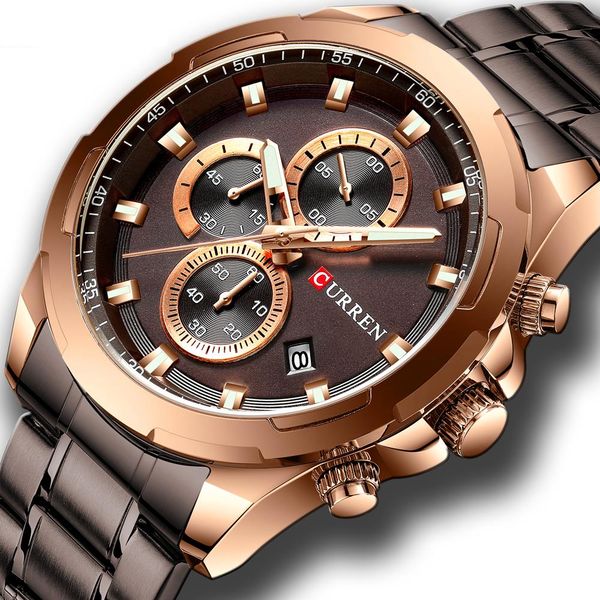 

curren новые мужские часы мода повседневная нержавеющая сталь группа хронограф кварцевые часы мужчины дата спорт военный мужской часы 8354, Slivery;brown