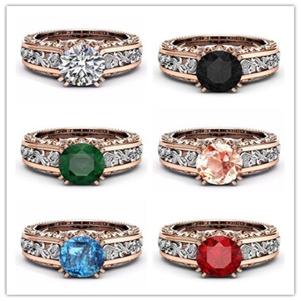 

new two-tone color white/pink/ red/green/black/blue round zircon engagement ring for women hollow flower zircon wedding ring qy, Silver