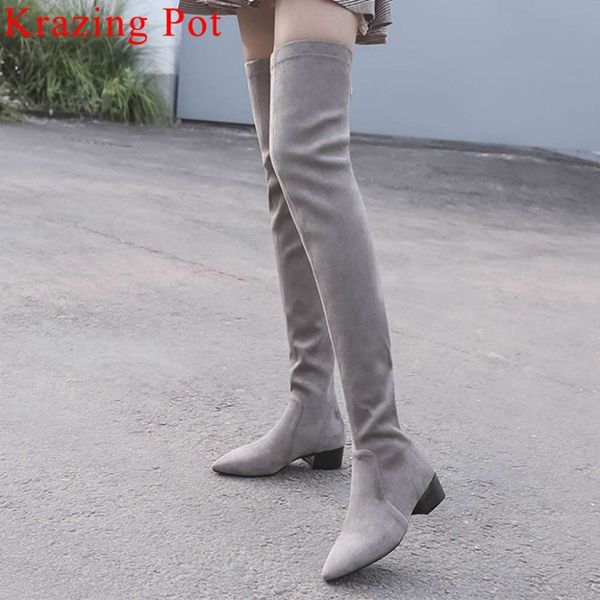 

elegant lady low heels pointed toe genuine leather slender stretch thigh high boots streetwear nightclub runway boots l75, Black