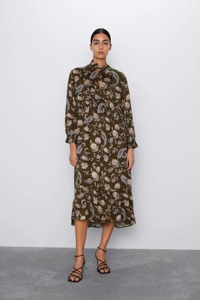 

2020 spring summer new bow print brown floral zaraing women dress sheining vadiming female dress vintage plus size c9856, Black;gray