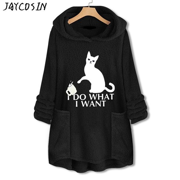 

jaycosin 2019 personality coat women fleece embroidery cat ear plus size hoodie pocket sweater blouse manteau jasje arriba #, Black