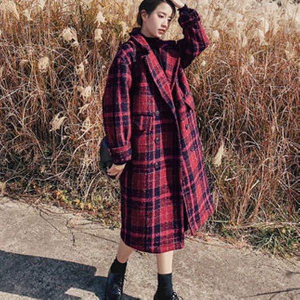 

2019 women autumn winter new fashion woolen coat fashion plaid warm double breasted turn down collar casual jackets, Black