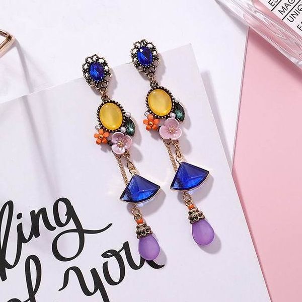 

mengjiqiao new exaggerated vintage colorful flower crystal long earrings for women fashion jewlery ethnic boucle d'oreille, Silver