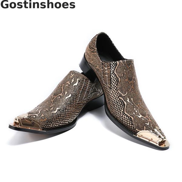 

men casual shoes oxfords men golden snakeskin printed genuine leather shoes golden metal capped toe pointed slip-on, Black