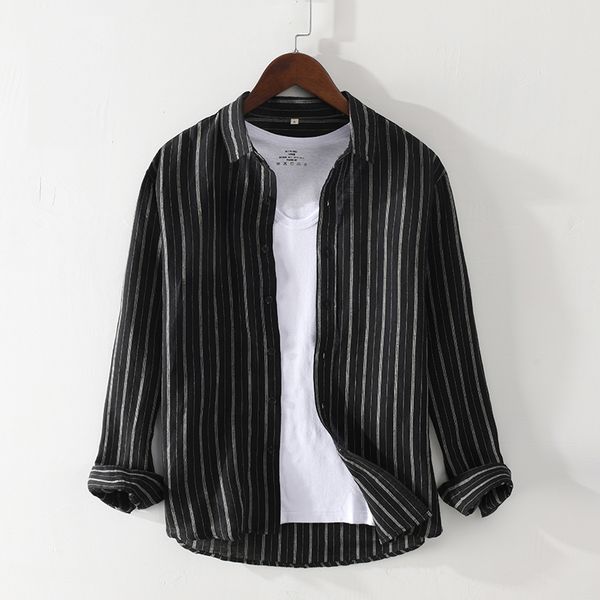 

2020 men's long sleeve striped shirts turn-down collar summer casual shirt man 100%linen y2349, White;black