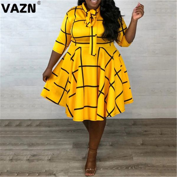

vazn 2020 new plus size ball gown dress mature office untidy fashion yellow half sleeve high waist women midi dress, Black;pink