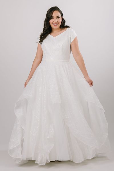 2020 Plus Size lantejoulas A linha de Modest Vestidos casamento com mangas Ruffles Saia botões Voltar Tamanho Grande Big vestidos de noiva Modest