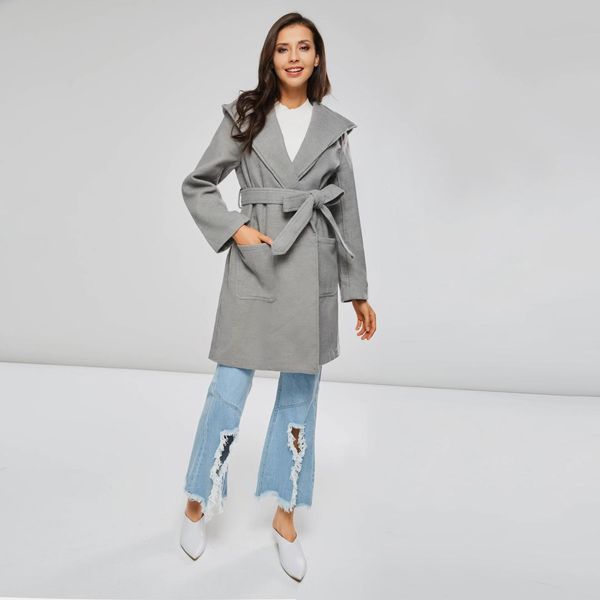 

kinikiss 2018 new women coat gray winter hooded jacket solid elegant cape fashion overcoat autumn long sleeve, Black