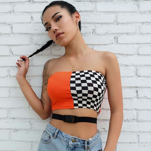 

лоскутное checkerboard без бретелек top casual клетчатый crop tops женщины streetwear бандо сиськи tube top wrap chest, White