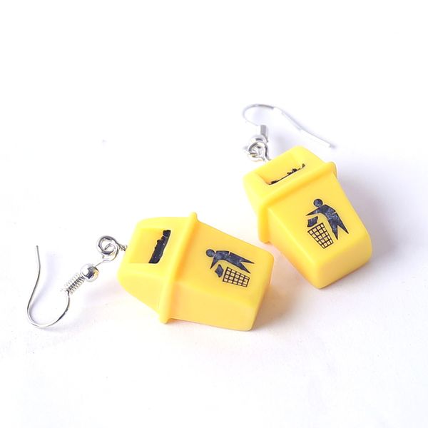 

creative handmade personalized funny yellow trash can drop earrings fashion new design dangle earrings brincos jewelry 2019, Silver