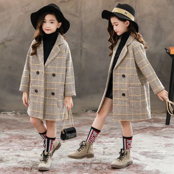 

winter girls cotton long jackets kid's outerwear clothes toddler children clothes casual turn-down collar plaid woolen coat, Blue;gray
