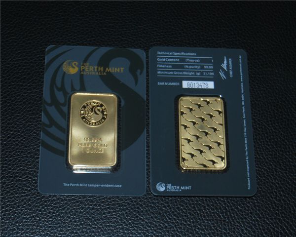 

Au tralia 1 oz perth mint gold bar no magnetic plated 24k gold bar home decoration craft gift acrylic ealed packaging