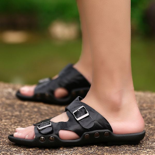 

arrival genuine leather slippers mens flat sandals women shoes double buckle famous brand arizona summer beach flip flops, Black