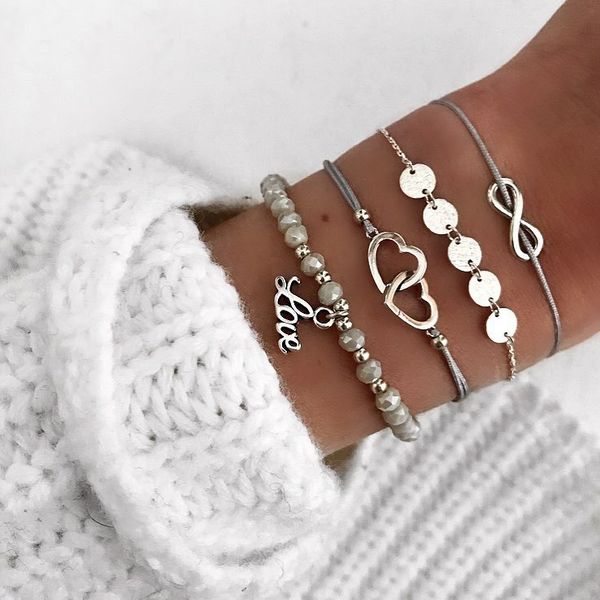

new jewelry fashion beads string love sequin bracelet charm 8 word heart woven bracelet 4 piece set, Black