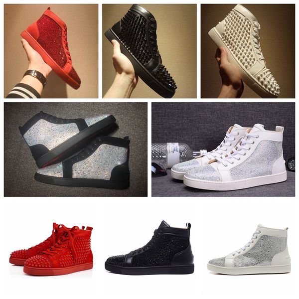 

2021 new mens designer shoes red bottoms mens shoes women fashion shoes spikes high glitter leather suede mens flats casual shoe, Black