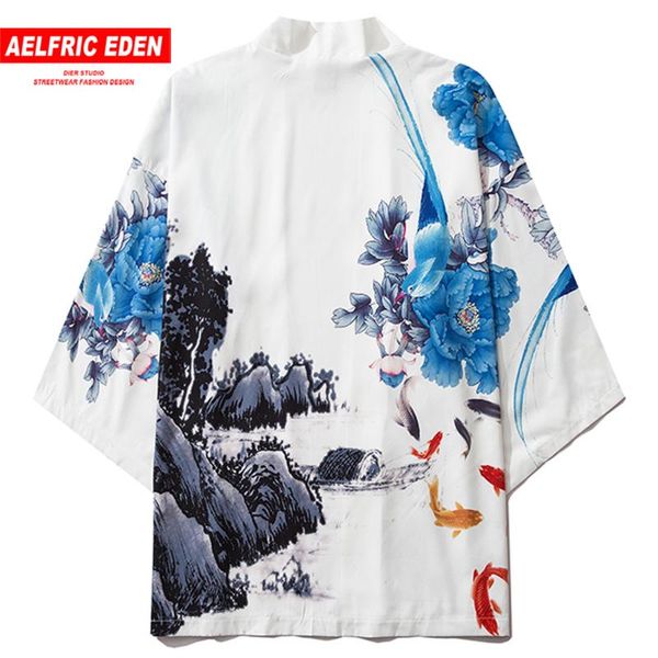 

aelfric eden 2020 summer japanese kimono jacket men harajuku loose shirts hip hop mountain koi fish streetwear front open coats, Black;brown