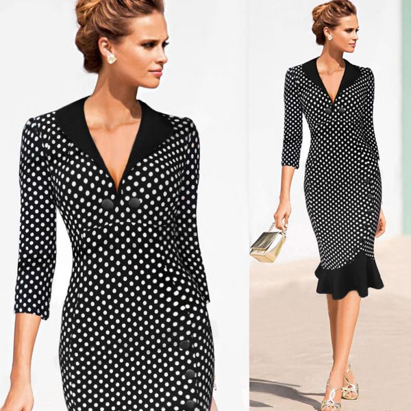 

womens designer seven-point sleeve v-neck slim bag hip wave point pencil skirth, Black;gray