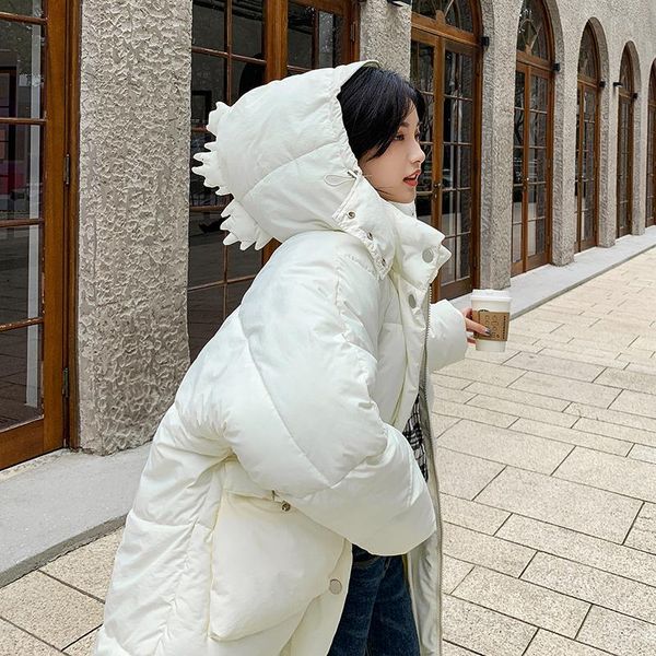 

2019 new women winter jacket hooded jacket women contrast color mid-long new women's cotton coat to knee dinosaur, Black