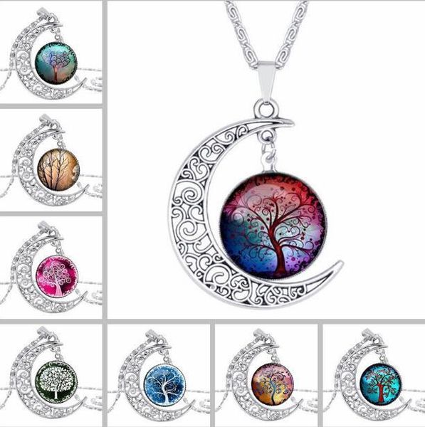 

dhl tree of life galaxy constellation zodiac sign glass cabochon necklace ancient silver crescent moon pendant jewlery women christmas gift