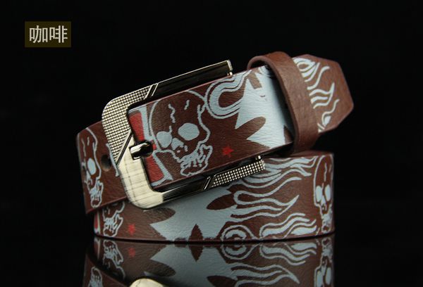 

skull skeleton pattern pin buckle belt men's/women's punk style fashion casual personalized waisband for teenage students jeans, Black;brown