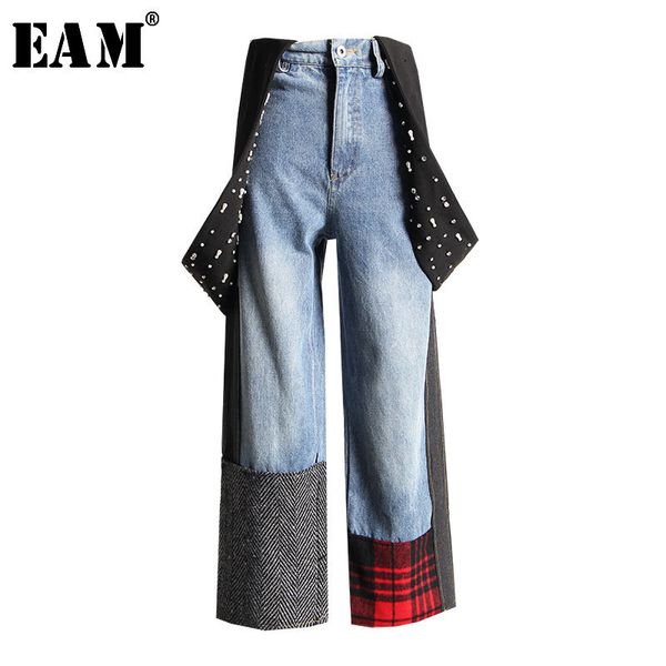 

eam] 2020 новая весна высокой талией синий плед строчка сыпучие nailed длинный широкий ноги джинсы женщины комбинезоны мода tide ji832, Black;white