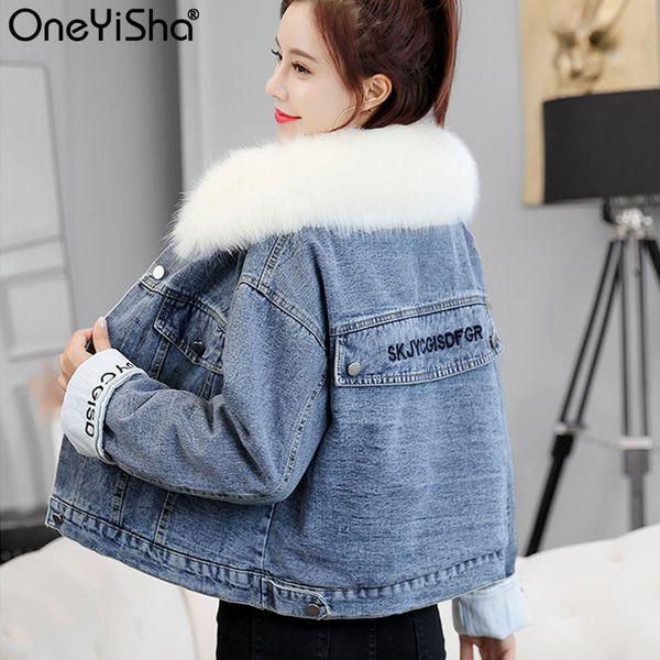 

oneyisha faux fur collar jeans jacket women plush thick loose female outwear clothing new winter warm denim coats for woman, Black;brown