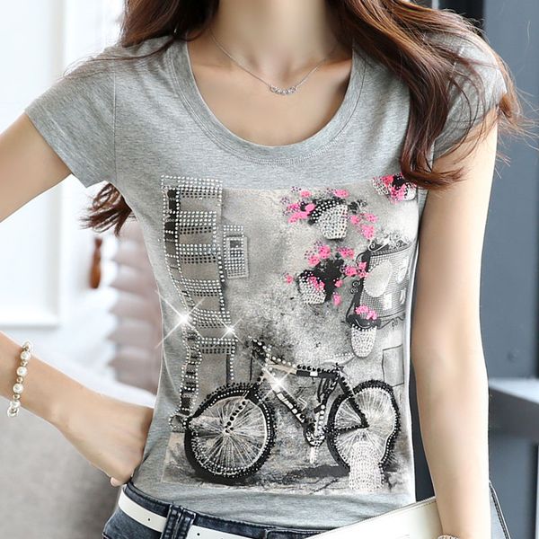 

2019 женщин горный хрусталь шарик короткий рукав футболки женщина алмаз tops белый бисероплетение печать велосипед женщина лето хлопок тройн, White
