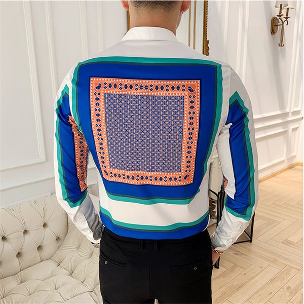 

mens shirt 2020 new blue square print shirt fashion men's social club clothing men's slim long sleeve tuxedo shirt, White;black
