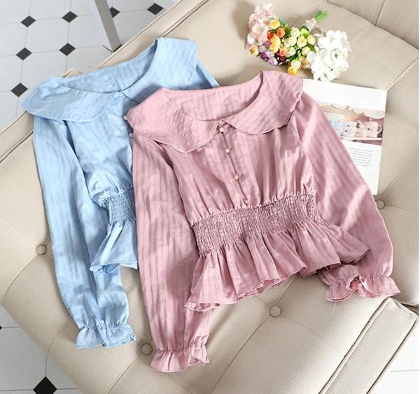 

2020 новая весна осень новый сладкий питер пэн воротник тонкий рубашка короткие топы женские простые блузки с длинным рукавом досуг blusas т, White