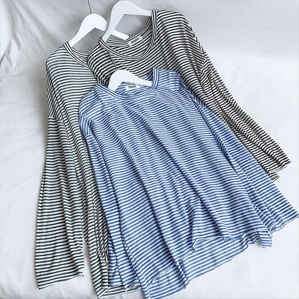 

thin striped cotton t-shirt round collar long clothes outfit student outfit sleeve sunscreen shirt women's casual all-match student, White