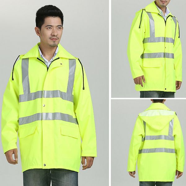 

men's jackets waterproof reflective striped coat men high visibility jacket safety hooded rain overcoat 2021 zipper drawstring pockets, Black;brown