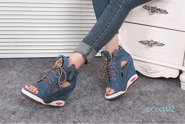 

2019 new style fashion women's denim heighten shoes girls lace up sandals ct2, Black